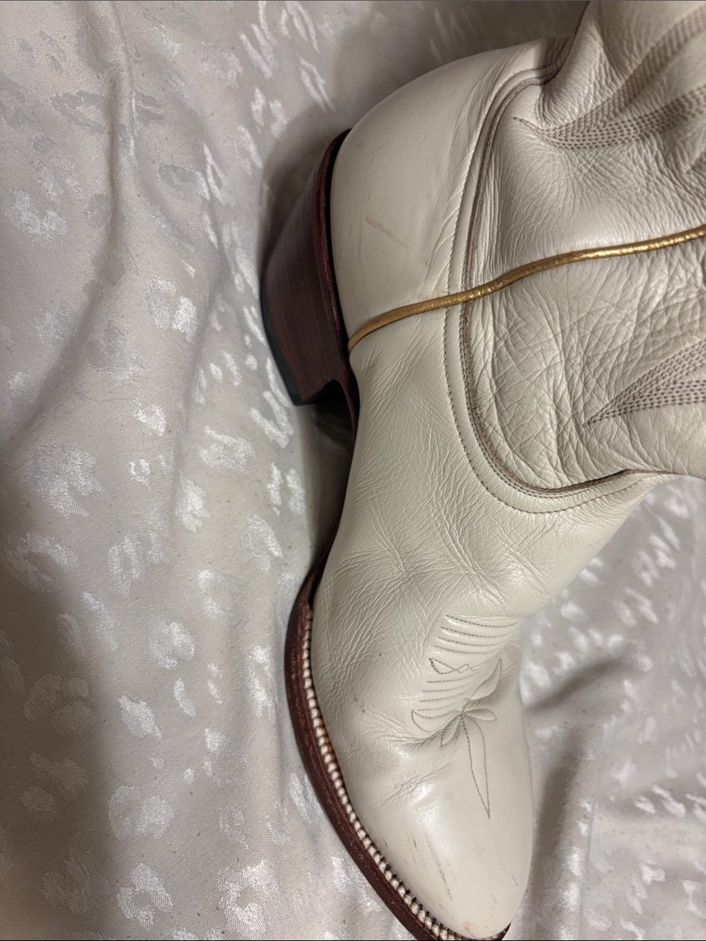 Cream Embroidered Western Knee-High Boots With Stacked Heel — image 5 of 8